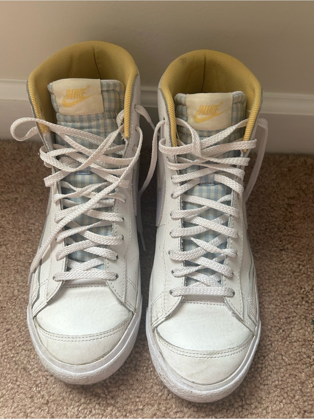 Nike White High-Top Sneakers with Yellow Lining and Blue Gingham Tongue